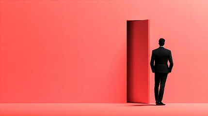 Obraz premium A businessman in a black suit stands before an open door against a vibrant coral wall. New beginnings?