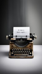 Vintage typewriter with a sheet of paper displaying the phrase It was a dark night... against a moody gradient backdrop. Perfect for storytelling, noir, and creative writing concepts