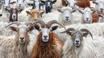 Obraz premium Diverse assembly of various farm animals standing together in a lush green pastoral setting