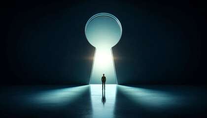A lone person stands before a giant keyhole-shaped portal, illuminated by a mysterious light beyond. The scene conveys a sense of exploration and the unknown.AI