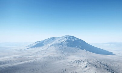 Snowy mountain peak in vast desert landscape under clear blue sky.