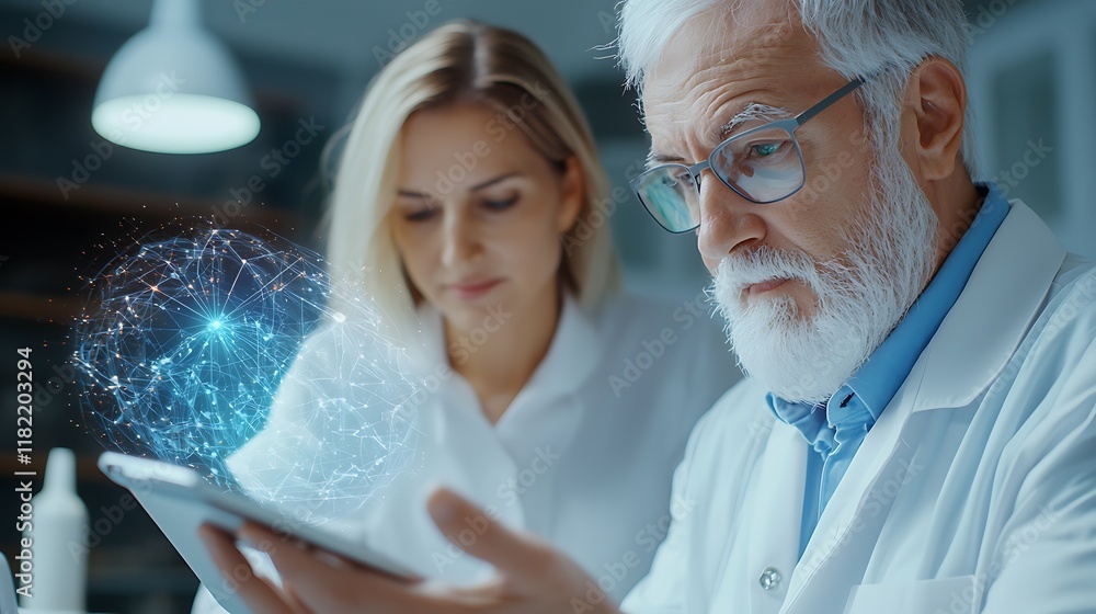 Poster therapist and patient collaborating on a holographic data visualization and analysis during a medica