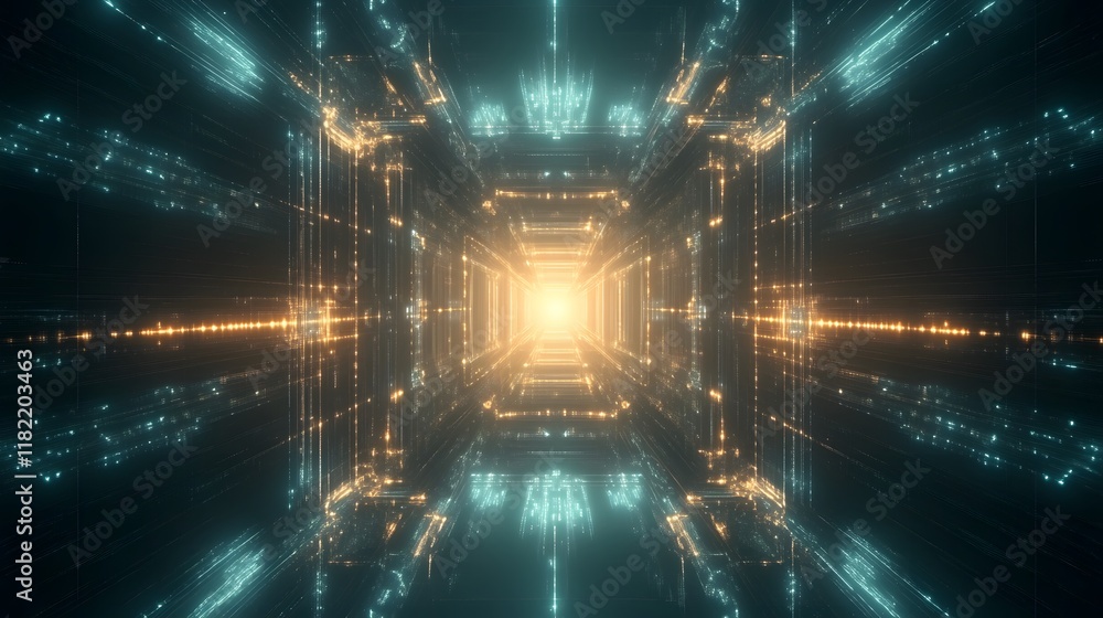 Poster exploring digital dimensions futuristic environment abstract art sci-fi concept immersive viewpoint