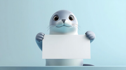 Obraz premium A cute cartoon seal holds a blank sign against a light blue background.