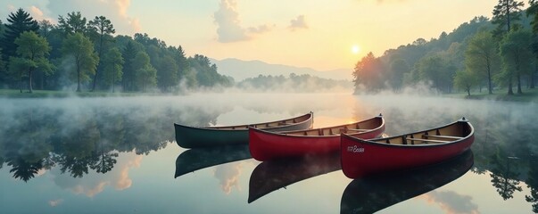Three canoes rest on their sides in the calm morning mist, lake, boating, boat