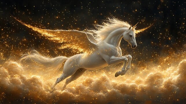 Golden winged unicorn leaps through celestial clouds