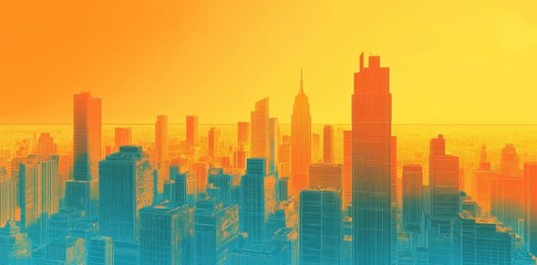 Fototapeta premium Stylized Cityscape at Sunset Warm Hues and Lines