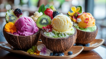Delicious Tropical Fruit Ice Cream in Coconut Bowls Summer Dessert
