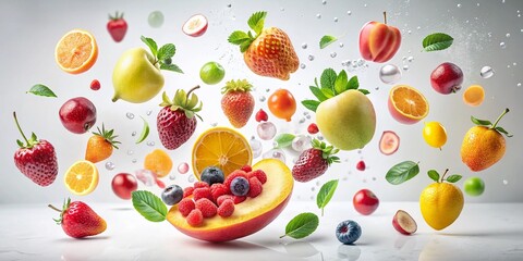 Surreal Floating Fruits on White Background - Artistic Still Life Photography