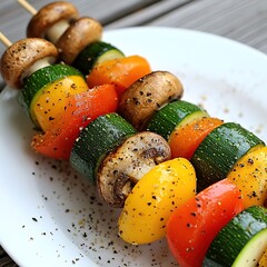 Grilled vegetable skewers on a plate.