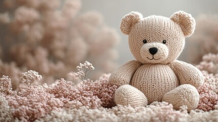 Knitted teddy bear sitting amongst pastel pink flowers.