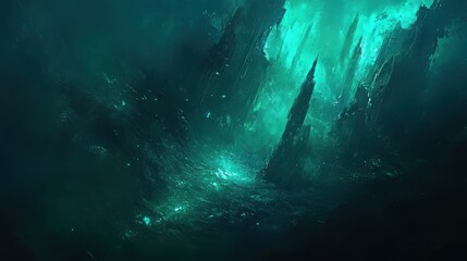 Mystical underwater landscape ocean depths digital art chaotic vibes immersive view ethereal atmosphere