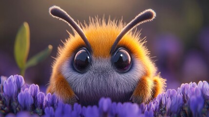 Adorable fuzzy creature with large eyes among vibrant purple flowers in spring garden