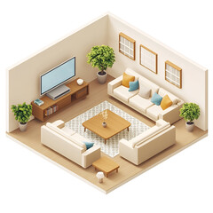 Modern Living Room Isometric Design Cozy Sectional Sofa, TV, Plants