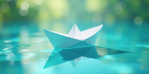 Aquamarine waters reflect a delicate paper boat, aquamarine, reflection, serene