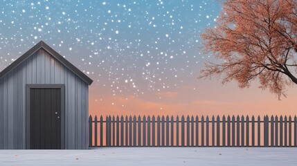 Starry Night Shed Winter Scene - Serene winter scene, snowy ground, grey shed, wooden fence, starlit sky, bare tree; symbolizes peace, solitude, hope, tranquility, and the season's beauty.