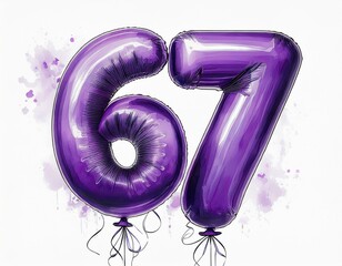 Purple birthday / anniversary balloon, number 67, watercolor painting with white background