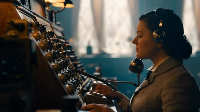 Operator Connects Calls in a Vintage Telephone Exchange During a Bustling City Morning