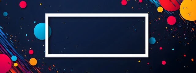 Naklejka premium A white rectangular frame on the left side of an empty dark blue background with colorful stripes and circles in motion