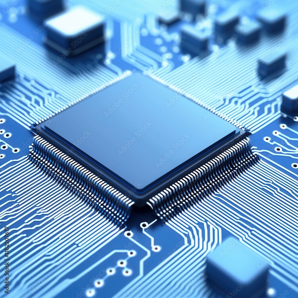 Poster a close-up of a microchip on a circuit board, showcasing intricate connections and a blue electronic