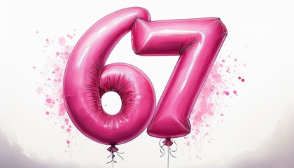 Pink birthday / anniversary balloon, number 67, watercolor painting with white background