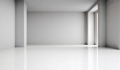 Fototapeta premium Minimalist empty room with smooth white walls, large window opening, and reflective polished floor, creating a bright and spacious modern atmosphere.
