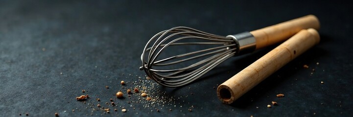Black surface with twisted metal whisk and a small wooden flute on it, background, twisted, color