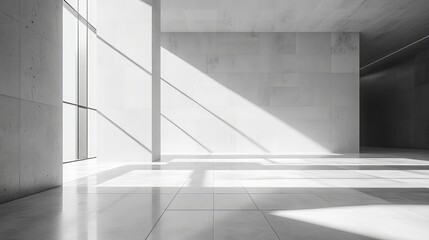 Obraz premium A clean, sunlit white studio with shadow effects, perfect as a minimalist background for design concepts or product presentations.