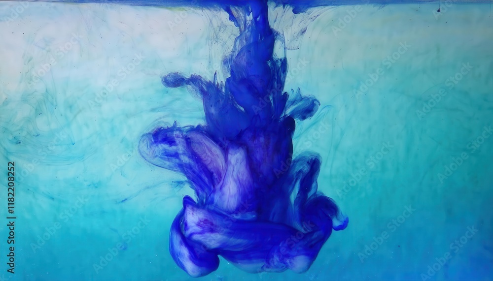Poster abstract blue ink swirl in water with delicate fluid shapes and gradient aqua background for creative design and artistic concepts

