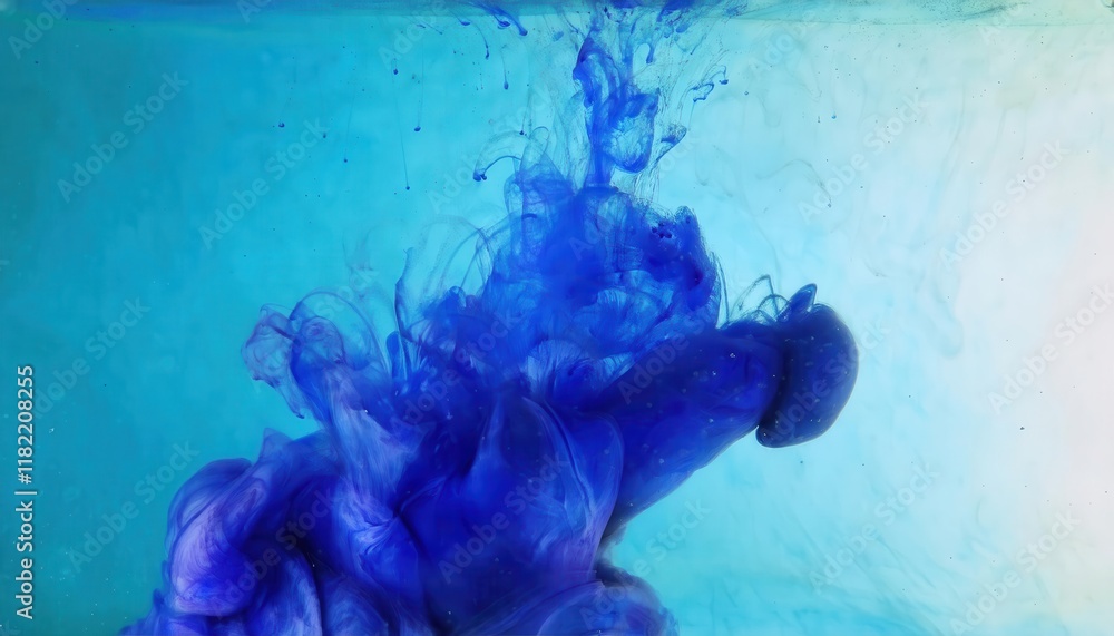 Poster abstract blue ink swirl in water with delicate fluid shapes and gradient aqua background for creative design and artistic concepts

