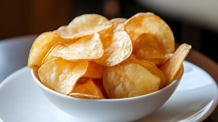 Crispy potato chips snack kitchen table food photography cozy environment close-up view comfort food appeal