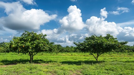 Obraz premium Lush Green Orchard Under Bright Blue Sky with White Cotton Clouds