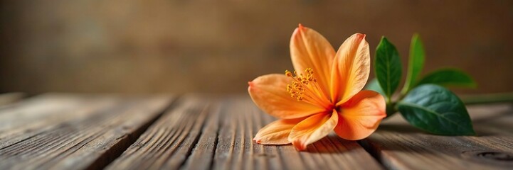 Obraz premium Delicate orange blossom on wooden desk surface, texture, wood