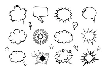 Comic Style Burst and Cloud line art silhouette, Set of Burst and Explosions Vector Icons.