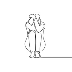 Depressed Woman line art illustration. Continuous single line drawing of woman in sad mood sitting on floor.