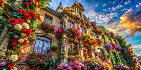 Surreal Historic Building with Flowers Blooming in Windows - Dreamlike Architecture Photography