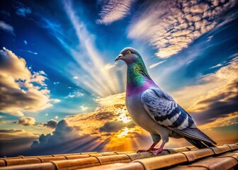 Surreal Homing Pigeon Rooftop Perch, Blue Sky Background - Stock Photo
