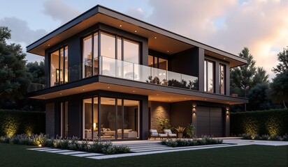 Fototapeta premium Modern two-story home with sleek black exterior, large glass windows, balcony, illuminated interior, surrounded by lush greenery and outdoor seating area.