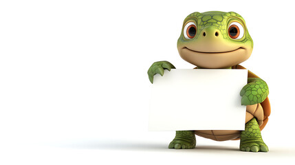 Fototapeta premium A cheerful cartoon turtle holding a blank sign, ready for a message.