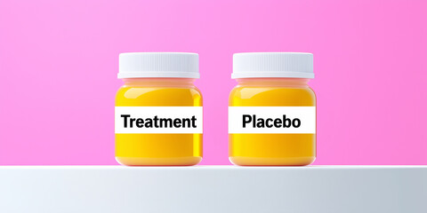 two pill bottles side by side, one labeled Placebo the other one labeled Treatment on pink background