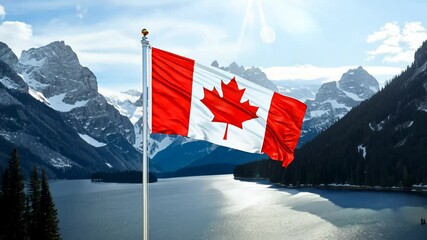 aerial view of a beautiful natural landscape, a lake surrounded by mountains, with the Canada flag waving on the flagpole. nation, cool, drone, canadian, symbolic, pride, alberta, freedom, 4k, video