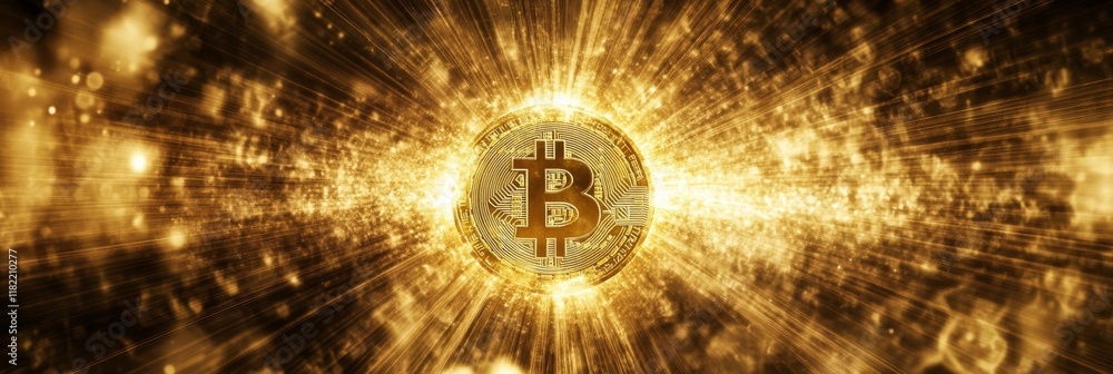 Poster golden bitcoin is exploding in a shower of digital particles and bright light rays, representing cry