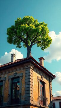 El ?rbol de roble se eleva sobre el techo de un edificio antiguo con techos de zinc, urbano, roble