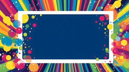 A white rectangular frame on the left side of an empty dark blue background with colorful stripes and circles in motion