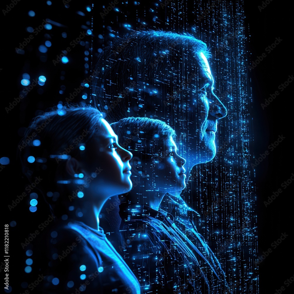 Poster a striking silhouette of three figures against a backdrop of glowing digital data, symbolizing the i