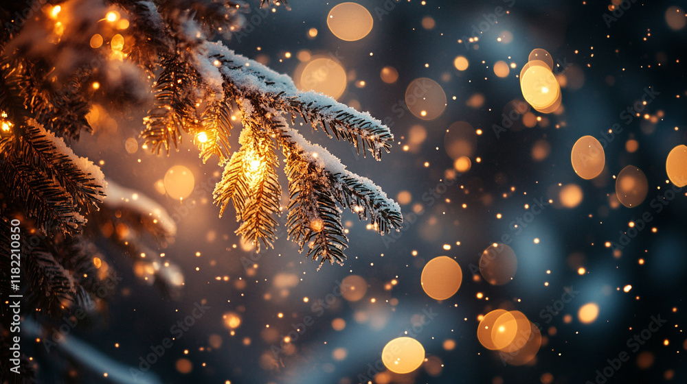 Poster snow-covered tree branches illuminated with warm lights and glowing bokeh