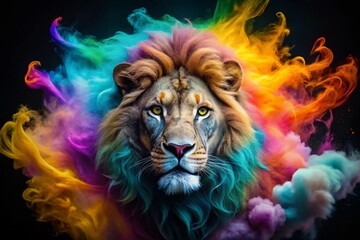 Surreal Lion Head with Colorful Smoke, Black Background - Stock Photo