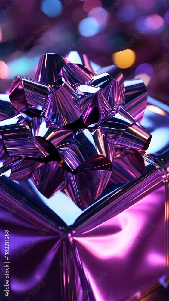 Poster purple gift box rotating with bokeh background