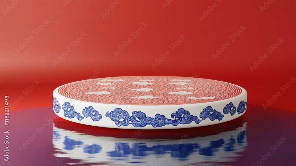 Poster circular podium with traditional chinese patterns elegant design minimalist style bold red backgroun