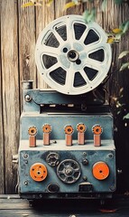 Fototapeta premium Vintage film projector against wooden backdrop, showcasing old technology and cinema history.